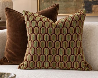 Art Deco Pillow Cover in Lustrous Peacock Cut Velvet in Shades of Brown, Aqua, Bronze and Green:  Beverly Hills by Mokum/Catherine Martin