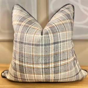 Neutral Tartan Plaid Pillow Cover: Farmhouse Decor, Velvet Trim