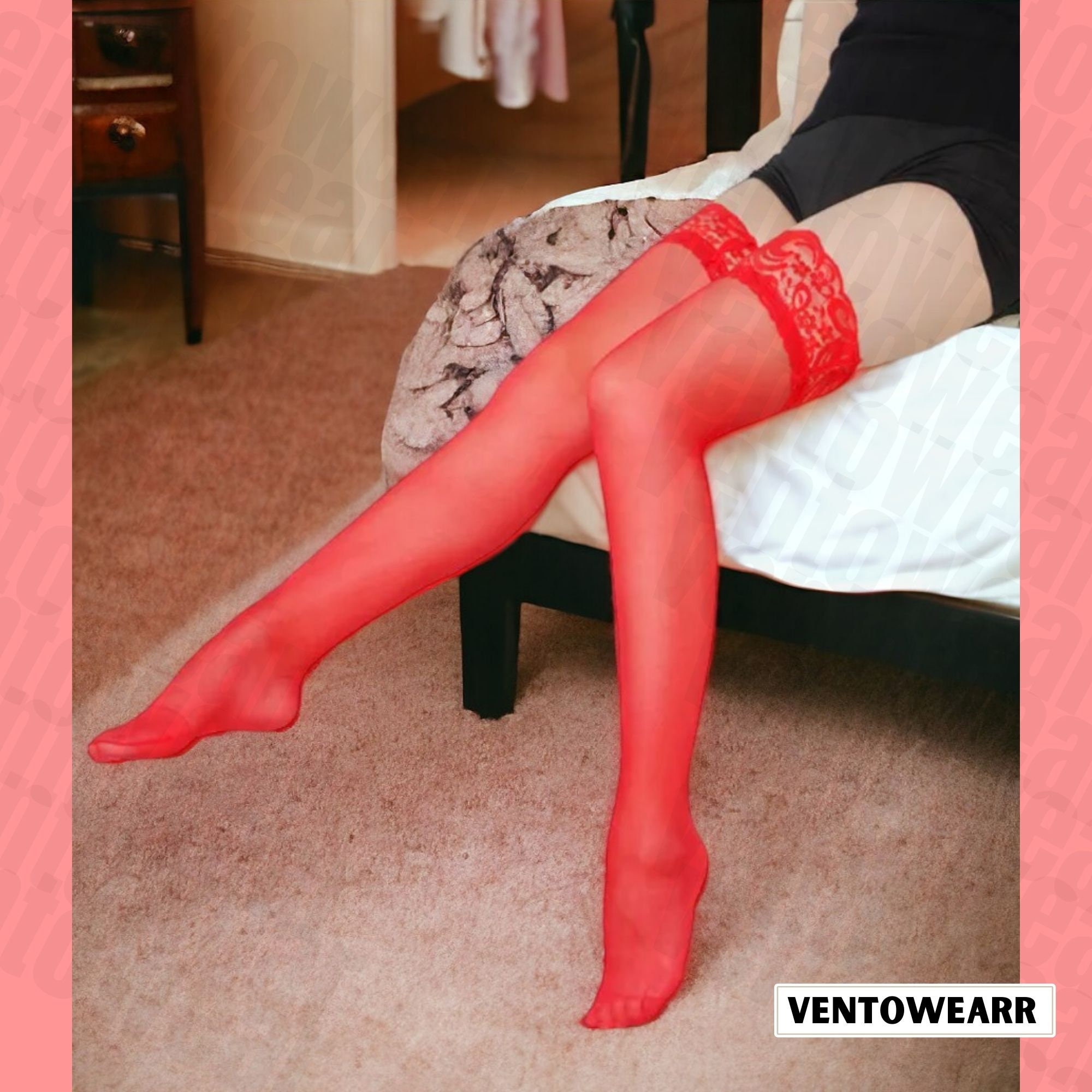 Claudia: Red Fishnet Thigh High Stockings Holiday. Petite to Plus