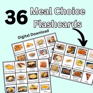Può includere: Download digitale di 36 schede didattiche per la scelta dei pasti. Ogni carta presenta un pasto diverso, tra cui fish and chips, spaghetti alla bolognese e pizza. Le carte sono disposte in un formato a griglia con immagini ed etichette di testo.