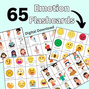 Emotion Flashcards; 65 Emotion Face Cards, Communication Cards, Feelings Flashcards, Autism ADHD Flashcards, Dementia Flashcards, Laminated