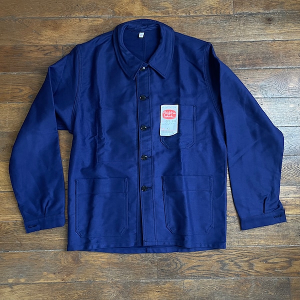 Französische Arbeitsjacke aus Moleskin aus den 1970er Jahren / Klassische Vintage-Arbeitskleidung / Bleu de Travail Antike, ungetragene Arbeitsjacke aus Moleskin aus blauer Baumwolle in Indigo