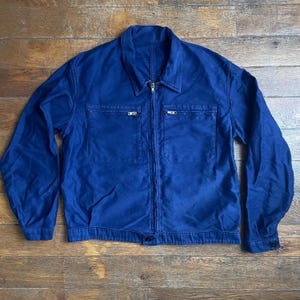 Mint Moleskin 1970s French &#39;Cyclists&#39; model chore jacket / Classic vintage workwear Bleu de Travail cycliste blue cotton denim moleskine