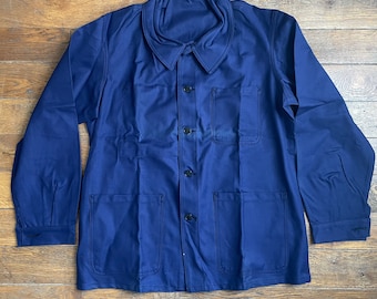 Veste de corvée française des années 1970 / vêtement de travail vintage classique Bleu de Travail, ancienne corvée de hobo en coton sanfor indigo, jamais portée