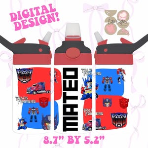 Op de afbeelding: Een witte waterfles met een rode en zwarte deksel, met Transformers-afbeeldingen. Het ontwerp bevat het Transformers-logo, Optimus Prime en de naam "MATEO". De fles meet 22,1 cm bij 13,2 cm.