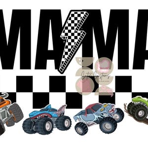Könnte beinhalten: Ein Grafikdesign mit dem Wort "MAMA" in fetten, schwarzen Buchstaben, einem karierten Blitz und vier farbenfrohen Monster-Truck-Illustrationen. Der Hintergrund hat ein schwarz-weißes Schachbrettmuster.