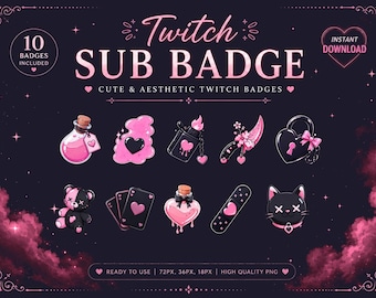 Insignias de suscriptor de Twitch estilo gótico rosa / Iconos de streamer gamer kawaii (paquete de 10 PNG)