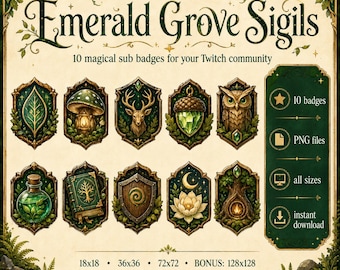 Insignias de suscriptor de Emerald Grove Sigils para Twitch, YouTube, Discord y Kick, insignias de transmisión PNG de Woodland Fantasy