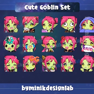 May include: A set of cute goblin character emotes with pink hair and green skin. The emotes show different expressions, such as happy, sad, and surprised. The text "Cute Goblin Set" is at the top, with sizes 112x112, 56x56, and 28x28.