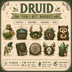 May include: A digital collection of ten Druid-themed sub and bit badges for streaming platforms. Icons include a potion bottle, cauldron, antlers, candle, owl, feather, book, stone, skull, and crystal, all featuring green and earthy tones.