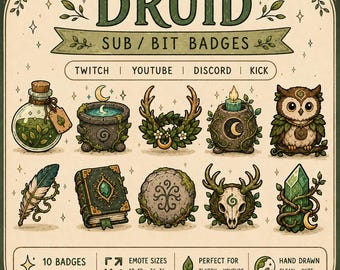 Insignias de suscriptor de druida, iconos de transmisión de fantasía del bosque (descarga digital)