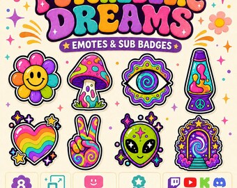 Emotes y distintivos de suscriptor retro psicodélicos, 8 iconos de transmisión geniales para Twitch, Discord y YouTube, paquete PNG colorido