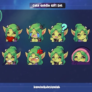 Niedliches Kobold Mädchen Emote Set für Twitch, Kick and Discord Gamer Emoji Pack | Luftschlangen Emote Bündel | Fantasy Kobold Sticker