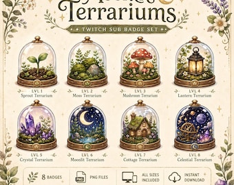 Insignias de suscriptor de Twitch con temática de terrario iluminado por la luna, insignias de transmisión estilo cottagecore acogedor, 8 insignias mágicas, PNG para Discord de Twitch Kick