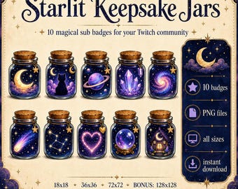 Frascos de recuerdo iluminados por estrellas, insignias de suscriptor de Twitch, estrellas de la luna celestial (descarga digital)