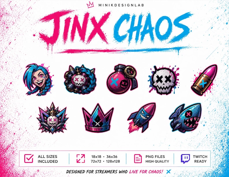 Jinx Chaos Twitch Sub Badges, Neon Punk Gamer Emotes, Streamer PNG Pack ...