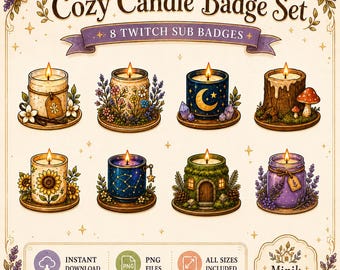 Insignias acogedoras de velas para suscriptores de Twitch, insignias de transmisión con estilo cottagecore y brujas, conjunto de lindas insignias de velas