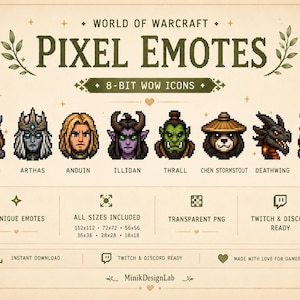 WoW-inspirerat pixel-emotepaket | 8-bitars fantasykaraktärsikoner för Twitch och Discord
