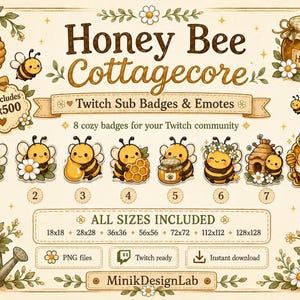 Puede incluir: Una colección digital de insignias y emotes de Twitch Honey Bee Cottagecore con ocho abejas ilustradas en varias poses con tarros de miel, colmenas y flores. El gráfico incluye etiquetas de texto, especificaciones de tamaño y la marca MinikDesignLab.