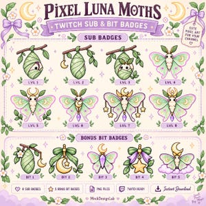 Könnte beinhalten: Eine digitale Sammlung von Pixel Luna Moths Twitch-Sub- und Bit-Abzeichen mit acht motivenbasierten Sub-Badges, die den Lebenszyklus vom Kokon bis zum Falter zeigen, sowie fünf Bonus-Bit-Badges mit Monden, Sternen und floralen Elementen in Pastellfarben.