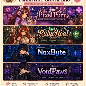 Può includere: Un display digitale con quattro banner per streaming in pixel art con personaggi in stile anime e gatti. Il testo include UPPER-BODY PIXEL ART EXAMPLES, PixelPurr, RubyHeal, NoxByte e VoidPaws, insieme a varie icone di gioco e loghi.