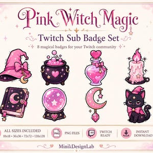 以下が含まれることがあります： ピンクウィッチマジックTwitchサブバッジ8個セット。ピンクの魔女の帽子、泡立つ大釜、ハート型のポーションボトル、火のついたキャンドル、魔法の本、水晶玉、三日月、ピンクのリボンをつけた黒猫が描かれたデジタル画像セット。