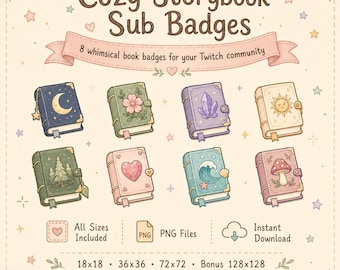 Insignias de suscriptor con temática de cuentos de hadas, iconos de Twitch para streamers con diseños de libros originales (descarga digital)
