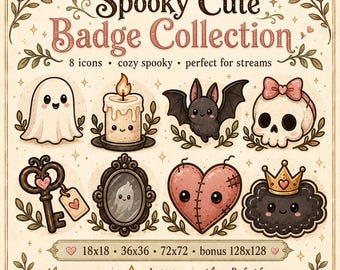 Insignias de suscriptor de Twitch adorables y espeluznantes, insignias de transmisión de Halloween kawaii, conjunto de insignias de llavero de calavera de murciélago fantasma y corazón, PNG para Twitch Kick Discord