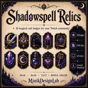 Może przedstawiać: Cyfrowa kolekcja zatytułowana Shadowspell Relics zawierająca 10 magicznych odznak subskrypcji dla Twitcha. Zestaw zawiera ikony miecza, oka, kruka, świecy, księgi, kryształów, księżyca, mikstury, serca i klucza w kolorach fioletu i złota.