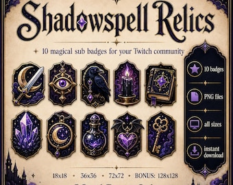Insignias de Twitch y Kick Sub de fantasía gótica, reliquias de Shadowspell PNG, iconos de streamer de magia oscura (descarga digital)