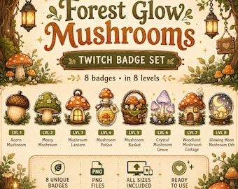 Insignias de Twitch con forma de seta resplandeciente en el bosque, insignias acogedoras para streams estilo cottagecore, iconos de setas del bosque para Twitch Kick Discord, paquete PNG