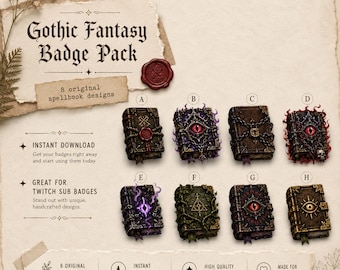Insignias de suscriptor de Twitch de Libro de Hechizos Oscuros, Insignias de transmisión de fantasía gótica, Paquete de insignias de libro de brujas para Twitch Kick Discord, Descarga PNG