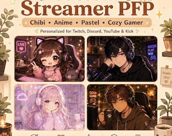 Foto de perfil personalizada estilo chibi para streamers, avatar de anime para gamers, retrato acogedor (descarga digital)