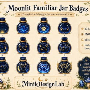 May include: A collection of 12 digital badges titled Moonlit Familiar Jar Badges, featuring dark blue glass jars containing glowing celestial elements and black cat silhouettes. The set includes PNG files, all sizes, and instant download options.