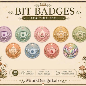 Puede incluir: Un conjunto de nueve insignias digitales circulares tituladas BIT BADGES TEA TIME SET, con ilustraciones de tazas de té y teteras en colores pastel. Las insignias están decoradas con estrellas, flores y hojas, e incluyen texto que indica 10 niveles y tamaños de 18x18, 36x36, 72x72 y 128x128 píxeles, con la marca MinikDesignLab en la parte inferior.