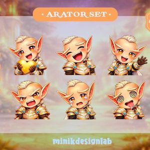 Op de afbeelding: Een set van zes digitale kunst-emotes met een cartoon-elf-personage met verschillende uitdrukkingen. De elf heeft een lichte huid, blond haar en puntige oren. De emotes bevatten blije, boze en huilende gezichten en zijn voorzien van afmetingen.