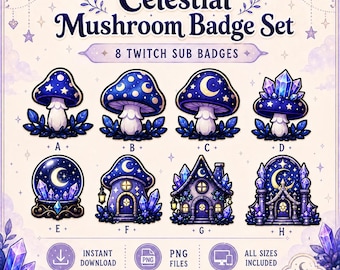 Insignias de suscriptor de Twitch con temática de hongos celestiales, iconos de streamer de fantasía con temática de brujas (descarga digital)