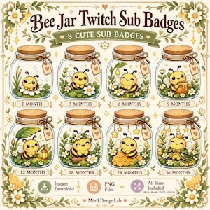 Op de afbeelding: Een digitale set van 8 Bee Jar Twitch Sub Badges met getekende bijen in glazen potten met kurken deksels. Elke pot bevat verschillende bloemenelementen, honing of lantaarns. Tekst: Bee Jar Twitch Sub Badges, 8 CUTE SUB BADGES en maandlabels van 1 MONTH tot 36 MONTHS. Inclusief PNG Files en Instant Download iconen.