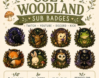 Insignias acogedoras de bosque para Twitch, Kickstarter, YouTube y Discord / 8 lindas insignias de animales dibujadas a mano para transmisiones en vivo / Paquete de insignias de bosque estilo cottagecore