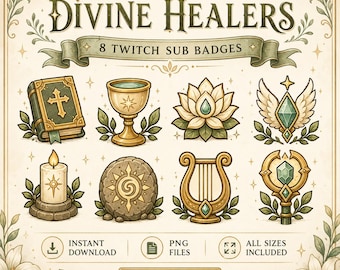 Insignias de suscriptor de Sanador Divino en Twitch, Insignias de transmisión de Holy Fantasy, Conjunto de insignias de apoyo para Clérigo Sacerdote, Insignias PNG de Twitch