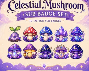Insignias de suscriptor de Hongo Celestial, conjunto de 10 insignias de Twitch, insignias de transmisión de Hongo de Cristal Mágico