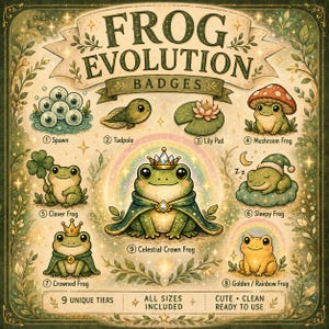 Könnte beinhalten: Eine Frog Evolution Badges Übersicht mit neun nummerierten Illustrationen: Laich, Kaulquappe, Seerose, Pilzfrosch, Kleefrosch, schlafender Frosch, gekrönter Frosch, goldener Regenbogenfrosch und ein zentraler himmlischer Kronenfrosch mit Regenbogen.