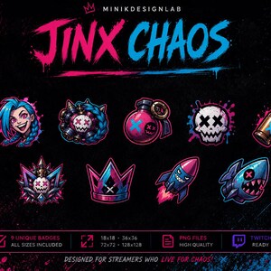 Jinx Chaos Twitch Sub-märken, Neon Punk Gamer-emotes, Streamer PNG-paket (digital nedladdning)