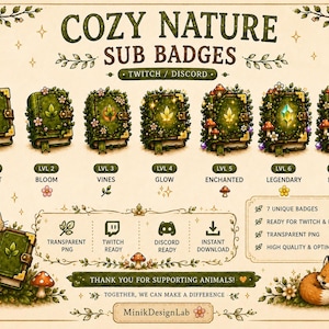 Insignias de naturaleza acogedora / Iconos de libros de bosque estilo cottagecore (Twitch/Discord)