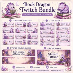 May include: A digital Twitch bundle featuring purple dragon illustrations, including 12 regular panels, 12 slim panels, 2 channel banners, and an offline screen. The text reads Book Dragon Twitch Bundle, Cozy Streams & Magical Vibes, and Stream Offline.