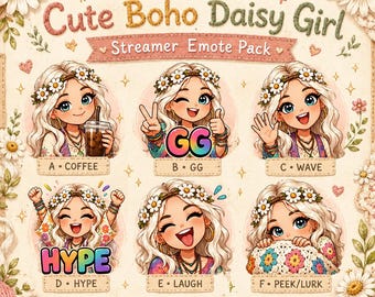 Emotes Boho Daisy Girl para Twitch, conjunto de 6 emoticonos PNG para streamers en Twitch y Discord.