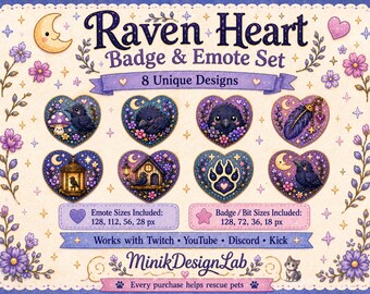Raven Heart Twitch Badges & Emotes, Cute Crow Streamer Icons, Gothic Bit Badges, YouTube Discord Kick Emote Set