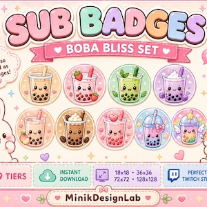 May include: A digital set of nine circular sub badges titled SUB BADGES BOBA BLISS SET. Each badge features a different illustrated boba tea drink with a cute face, including various colors, toppings like strawberries, and decorative elements.