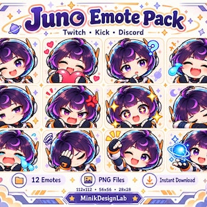 Könnte beinhalten: Eine digitale Sammlung von 12 Juno-Emotes für Twitch, Kick und Discord mit einer Figur mit dunkelviolettem Haar in einem Raumanzug. Die Emotes zeigen verschiedene Ausdrücke wie Winken, Herz, Verwirrung, Weinen, Schlafen und Aufregung.
