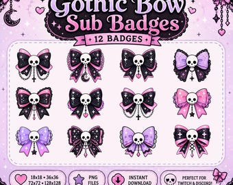 Insignias de suscriptor con lazo de calavera gótica, emoticonos rosas kawaii para transmisiones (descarga digital)
